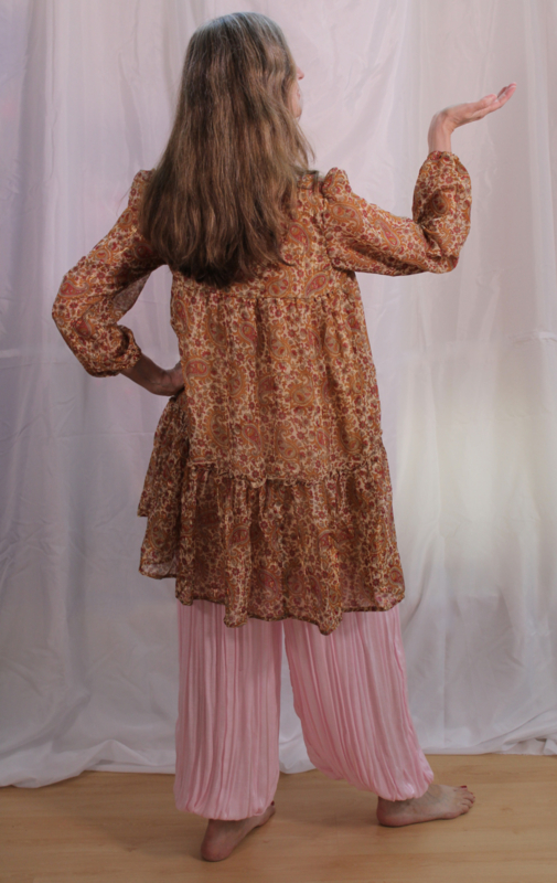 India mini jurkje / tuniek, strokenjurk, gevoerd BRUIN, BEIGE TINTEN gebroken WIT, GOUDEN glinsterdraad  -  L Large / XL Extra Large - Indian hippy mini dress