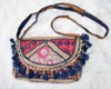 One of a kind  Bohemian hippy chick purse, NAVY6 GOLD RED GREEN multicolor patchwork and embroidery - 23cm x 13 cm x 6cm