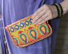 One of a kind, richely embroidered Banjari Indian Bohemian clutch / wallet YELLOW, ORANGE BLUE GREEN, GOLDEN embroidery