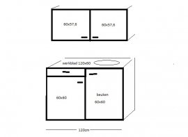 Spoelbak met werkblad onderkast en bovenkast 120x60 cm