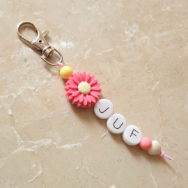 Juf sleutelhanger bloem | Roze