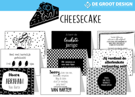 Cheesecake 17x11cm complete serie inclusief display in bruikleen, topkaart en backcards