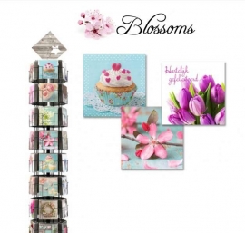 Blossoms 15x15 cm complete serie inclusief display in bruikleen, topkaart en backcards