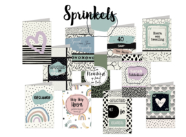 Sprinkels 11x17 cm complete serie inclusief display in bruikleen, topkaart en backcards