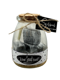 Glazen cadeaupot met 4 Amberblokjes | Jij bent Goud waard! | 6 stuks
