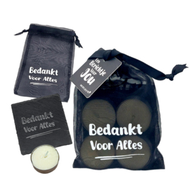 Onderzetter met 4 Geurtheelichtjes | Bedankt voor Alles | 6 stuks