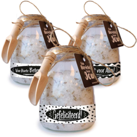 Try-Outpakket | Glazen cadeaupot met Badzout | 7 x 3 stuks