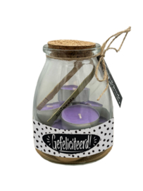 Glazen cadeaupot met 10 theelichtjes | Gefeliciteerd! | 6 stuks