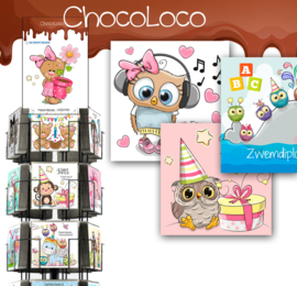 Chocoloco 15x15cm complete serie inclusief display in bruikleen, topkaart en backcards