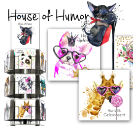 House of Humor 15x15cm complete serie inclusief display in bruikleen, topkaart en backcards