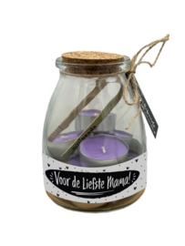 Glazen cadeaupot met 10 theelichtjes | Voor de liefste Mama! | 6 stuks