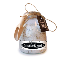 Glazen cadeaupot met Badzout | Jij bent Goud waard! | 6 stuks