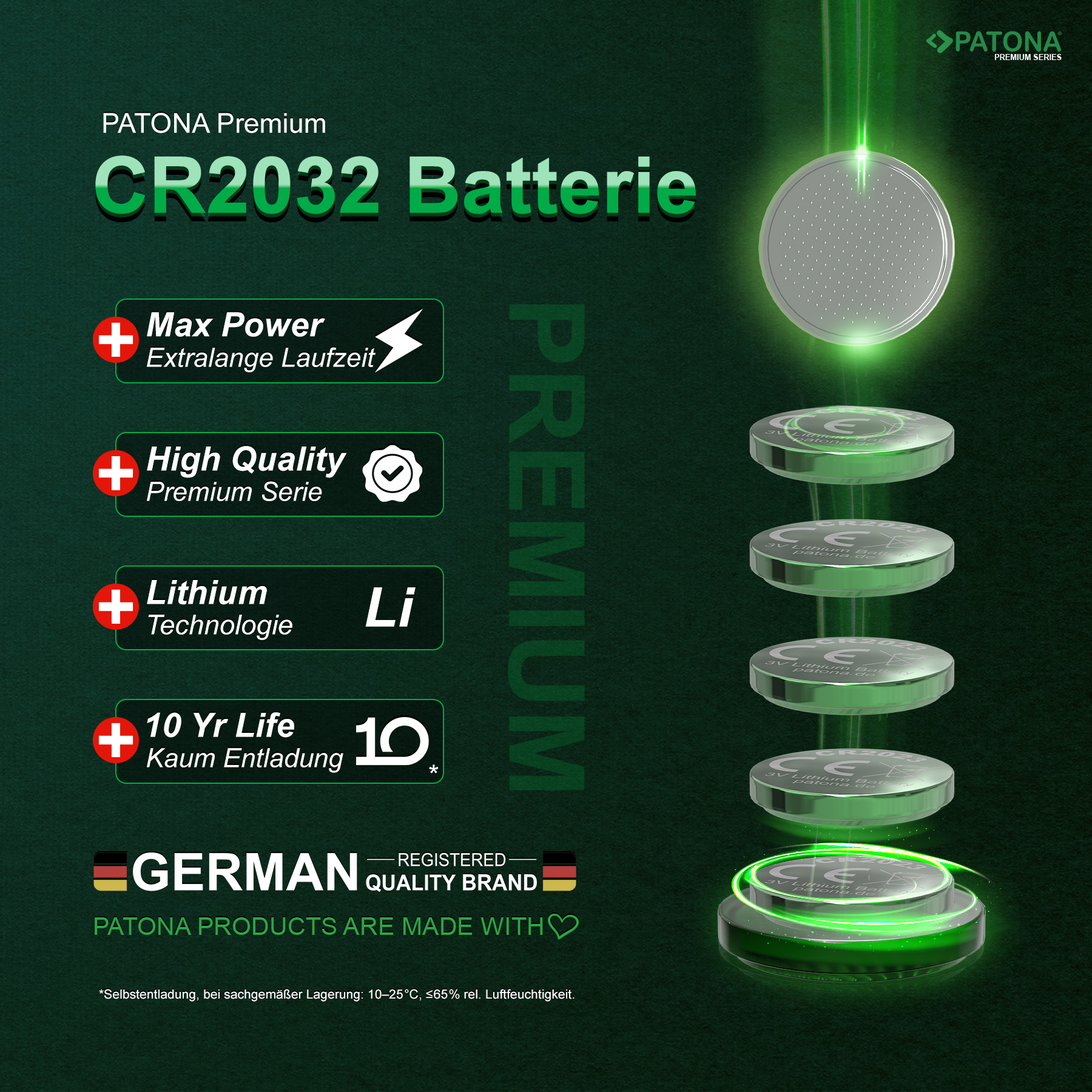 10x Premium Patona knopcel CR3032 - 3V