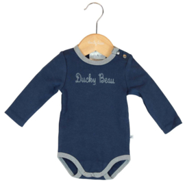 Ducky Beau romper - Blauw met grijs lange mouw - maat 80