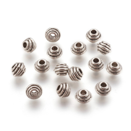Spacer kraal geribbeld antiek zilver, 12 stuks