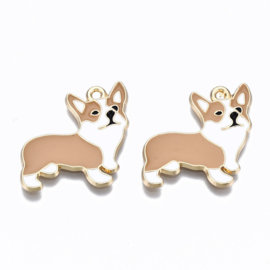 Enamel bedel hondje welsh corgi wit-lichtbruin