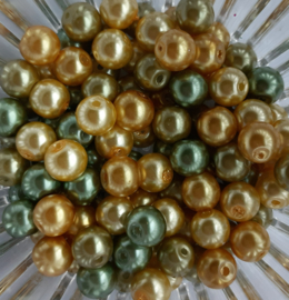 kralenmix glasparels 8mm goud-olijfgroen, 100 stuks
