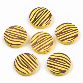 Houten kraal plat-rond zebraprint geel, 5 stuks
