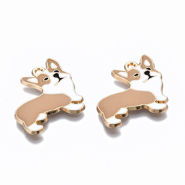 Enamel bedel hondje welsh corgi wit-lichtbruin