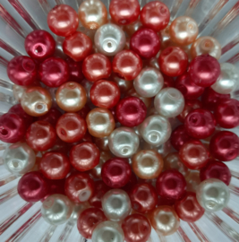 kralenmix glasparels 8mm ivoorwit-oranjerood, 100 stuks