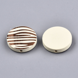 Houten kraal plat-rond zebraprint creamy white, 5 stuks