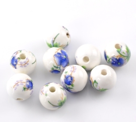 Porseleinen kraal met blauwe bloem, 10 stuks