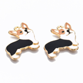 Enamel bedel hondje welsh corgi zwart-wit-bruin