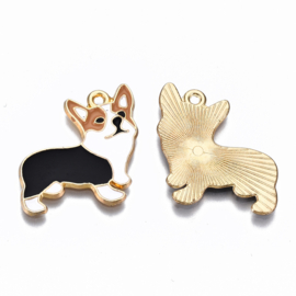 Enamel bedel hondje welsh corgi zwart-wit-bruin