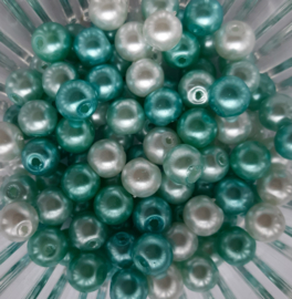 kralenmix glasparels 8mm wit-mintgroen-blauw, 100 stuks