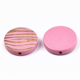 Houten kraal plat-rond zebraprint roze, 5 stuks
