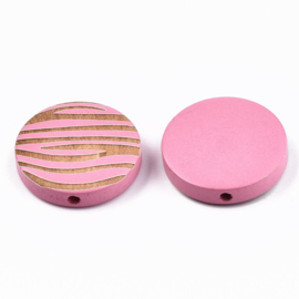 Houten kraal plat-rond zebraprint roze, 5 stuks