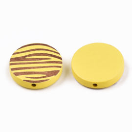 Houten kraal plat-rond zebraprint geel, 5 stuks