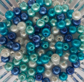 kralenmix glasparels 6mm wit-aqua-blauw, 100 stuks