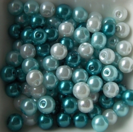 Mix van 6mm glasparels wit/blauwgroen, 100 stuks