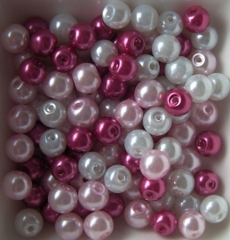 Mix van 6mm glasparels wit/roze, 100 stuks