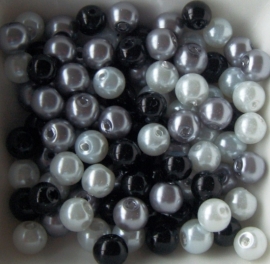 Mix van 6mm glasparels zwart/grijs/wit, 100 stuks