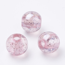 Transparante acryl kraal roze met glitter, 14 stuks