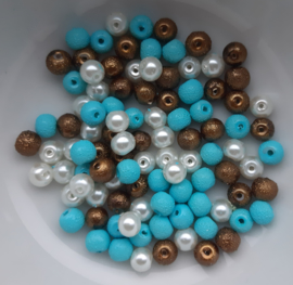 Mix van 6mm glasparels aqua/bruin/gebroken wit, 100 stuks