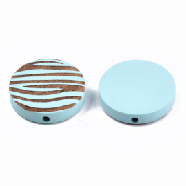 Houten kraal plat-rond zebraprint aquablauw, 5 stuks