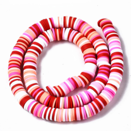 Fimo heishi disc-kralen  8 mm wit-roze-oranje-rode mix, streng