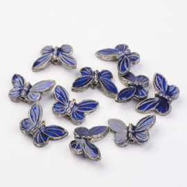 Metalen vlinder kraal met blauw enamel