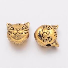 Metalen kraal kattekop in antiek goudkleur