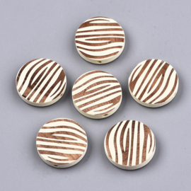 Houten kraal plat-rond zebraprint creamy white, 5 stuks