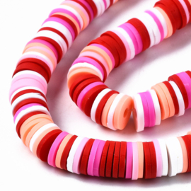 Fimo heishi disc-kralen  8 mm wit-roze-oranje-rode mix, streng