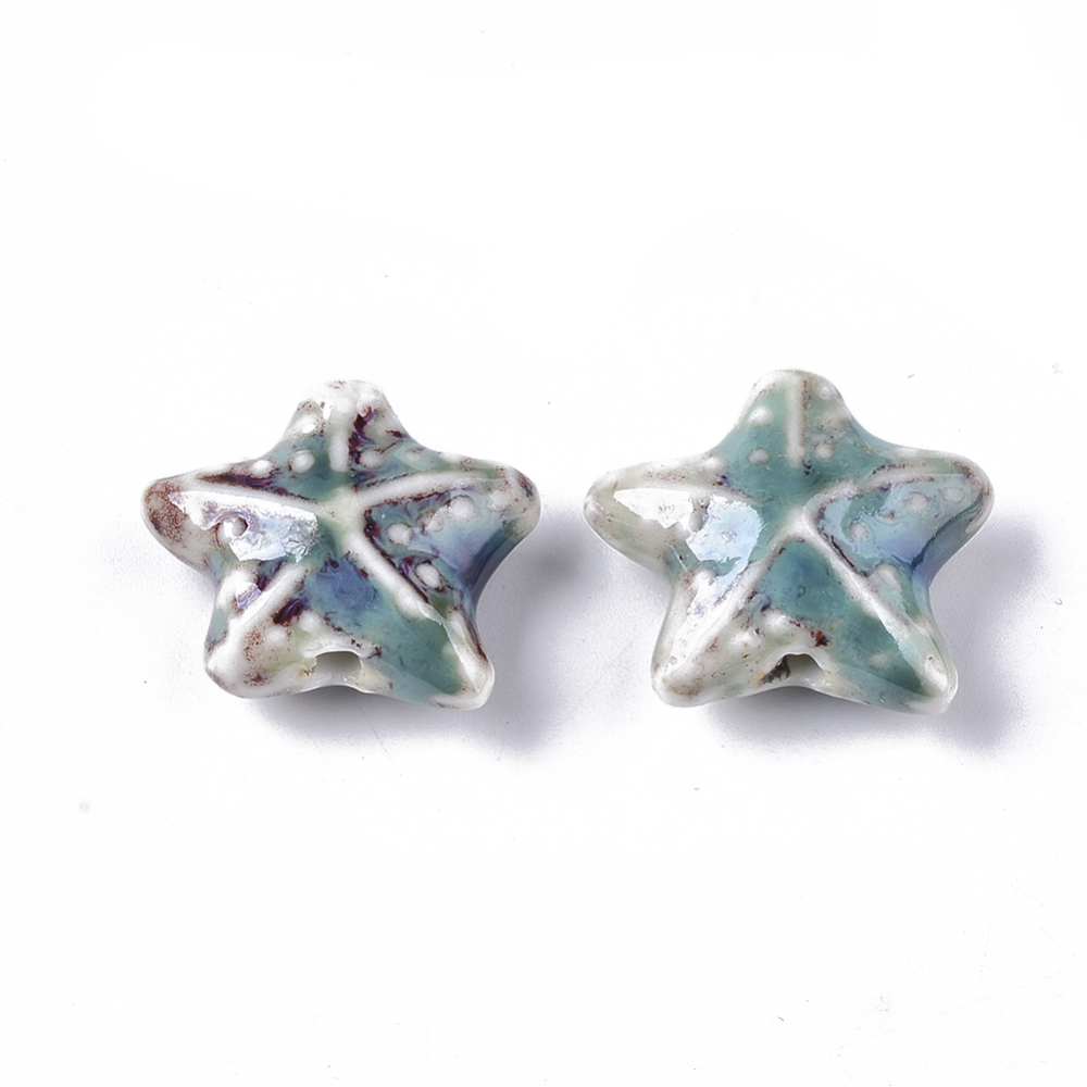 Porceleinen kraal zeester roodbruin/turquoise, 3 stuks