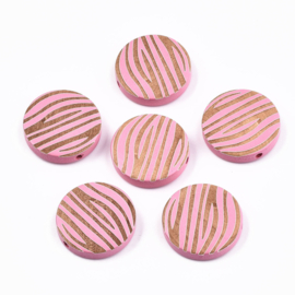 Houten kraal plat-rond zebraprint roze, 5 stuks