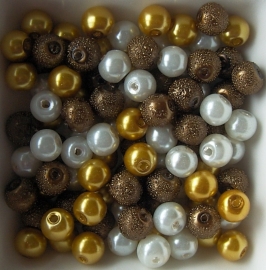 Mix van 6mm glasparels ivoor/goud/bruin, 100 stuks