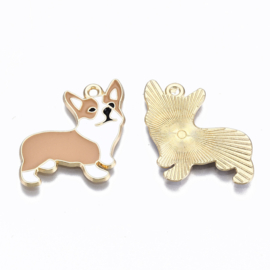 Enamel bedel hondje welsh corgi wit-lichtbruin