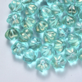 Glaskraal pompoenvorm aqua met goudlaagje, 8 stuks