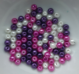 Mix van 6mm glasparels roze/paars/gebroken wit, 100 stuks